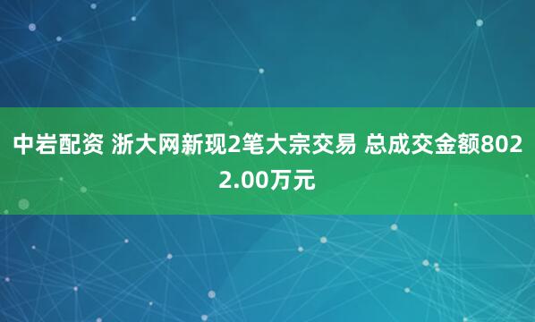 中岩配资 浙大网新现2笔大宗交易 总成交金额8022.00万元